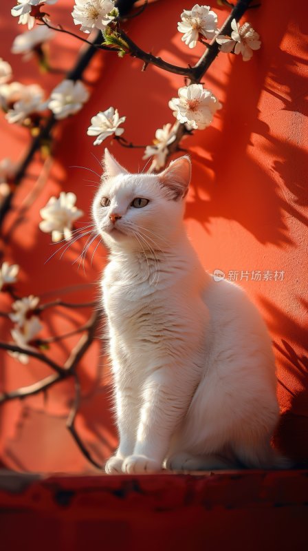 春日暖阳红墙白猫可爱猫咪晒太阳背景