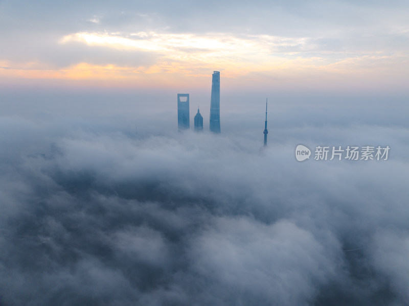 航拍上海陆家嘴高楼城市云海平流雾