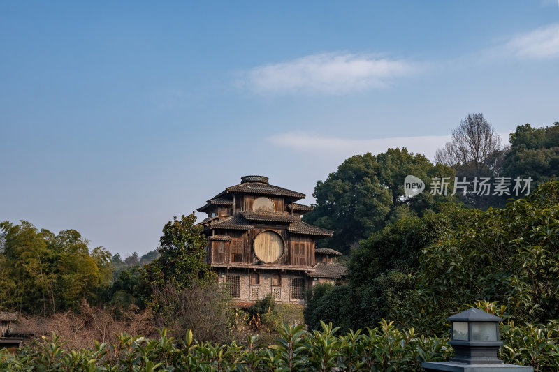 浙江杭州西湖龙井茶园古建筑茶田宁静风光