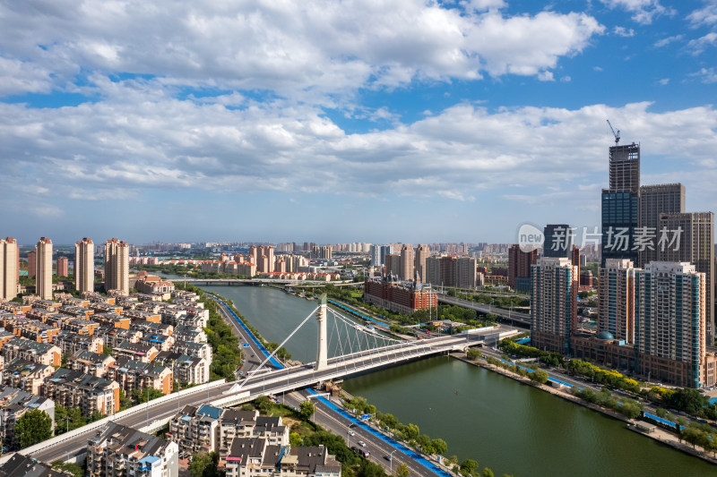 晴天天津海河富民桥桥城市建筑风光航拍