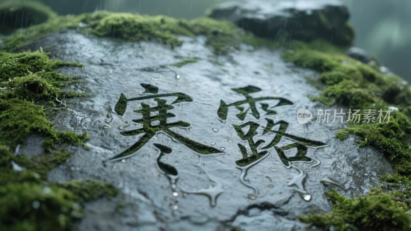 寒露节气雨中石刻禅意唯美背景图