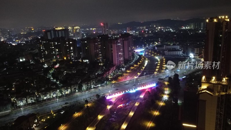 航拍广东省东莞市清溪镇夜景城市风光