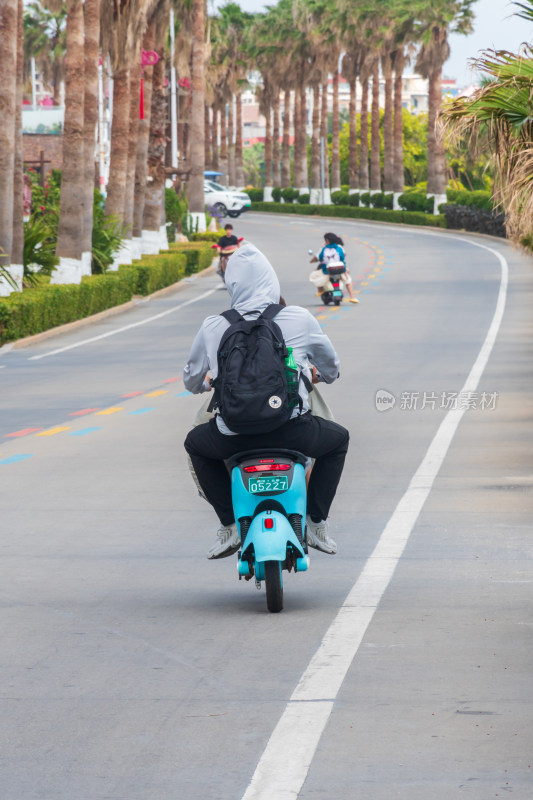 骑电动车的人行驶在林荫道路