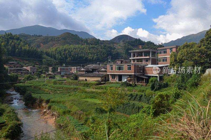 乡村俯瞰图，青山绿树环绕下的村落景象