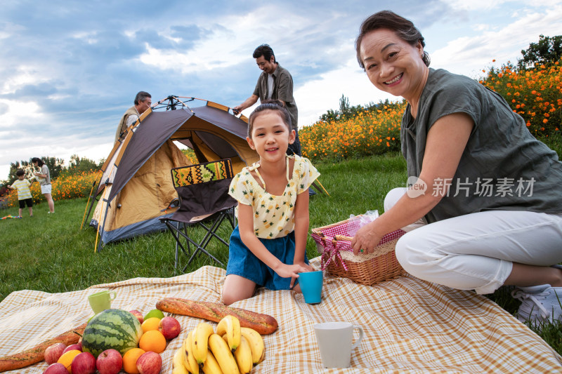 快乐的一家人在郊外野餐