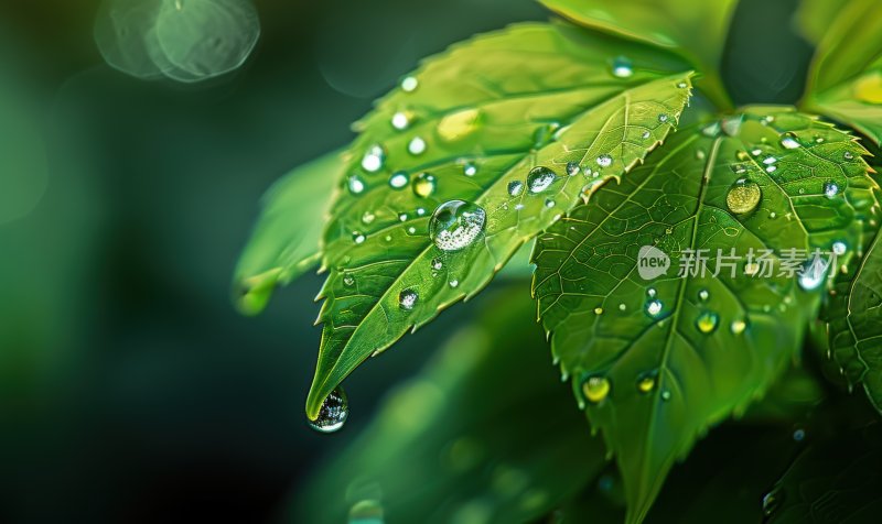 雨后植物绿叶微距叶片露珠自然背景