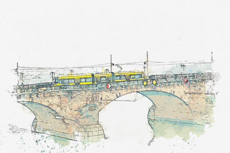 水彩风格桥上行驶的黄色列车