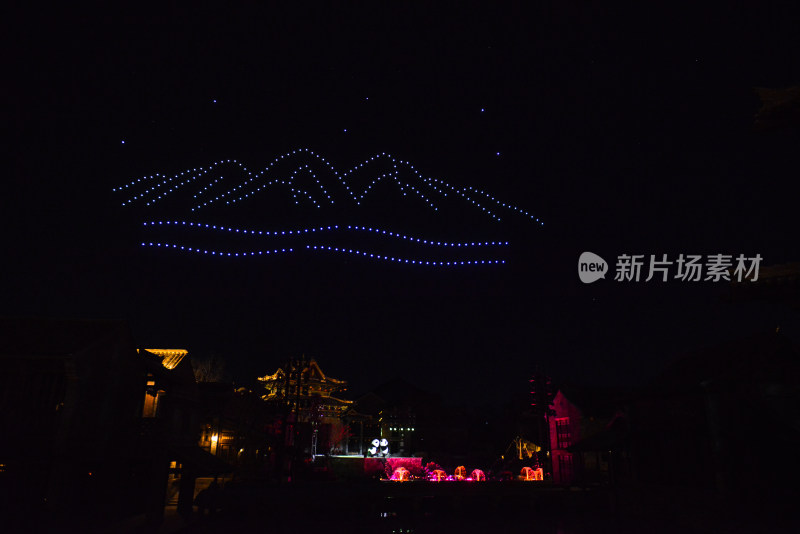 济南明水古城古建筑夜景无人机灯光秀泉秀