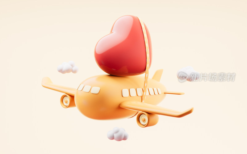 卡通风格爱心与飞机3D渲染