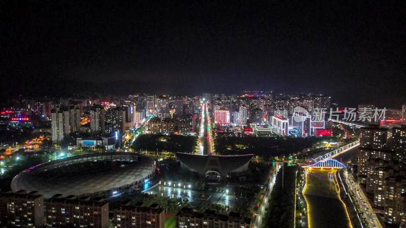 甘肃定西城市大景夜景灯光航拍图