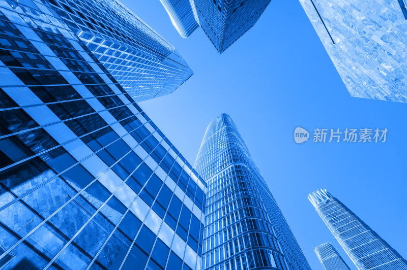 北京国贸CBD建筑群低角度仰拍纯蓝背景