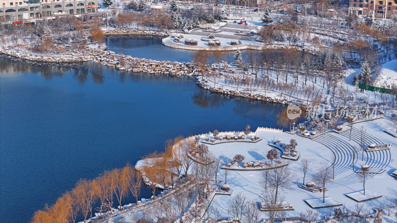 航拍紫云湖雪景