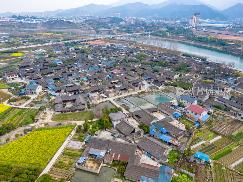 山川湖泊美丽乡村油菜花航拍图