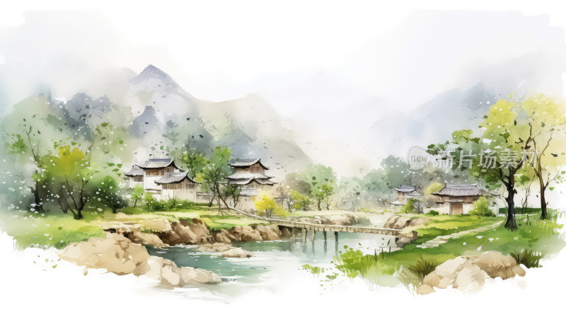 村庄和山水树木的中国风景观