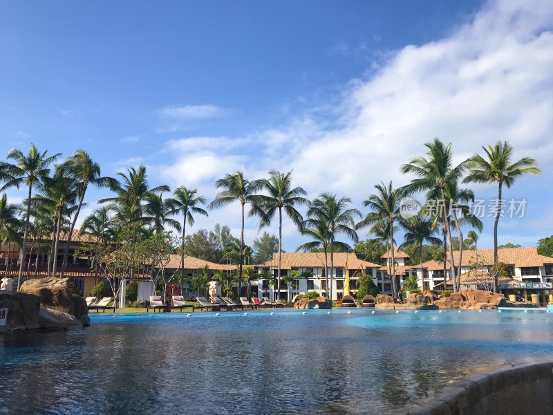 印度尼西亚民丹岛上的海边椰林泳池