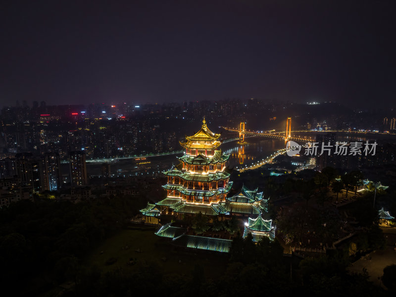 重庆网红寺庙鸿恩寺夜景古塔高空航拍