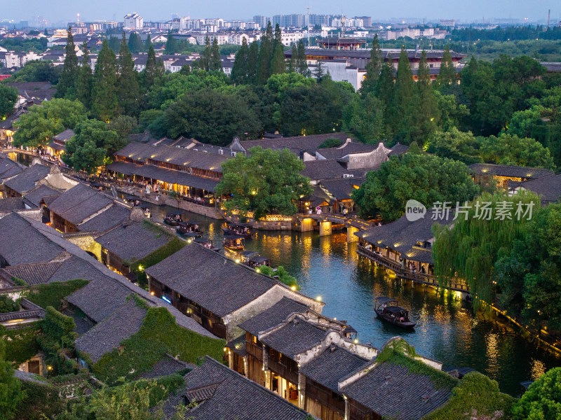 浙江嘉兴桐乡乌镇西栅景区江南水乡航拍夜景