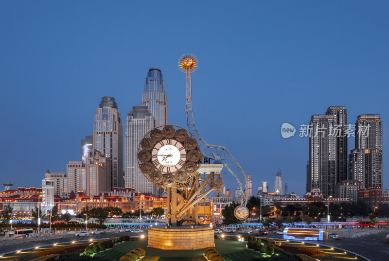 天津世纪钟广场海河城市风光夜景航拍