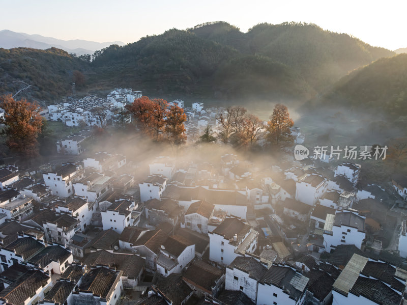 江西上饶婺源石城红枫网红景点日出晨雾航拍