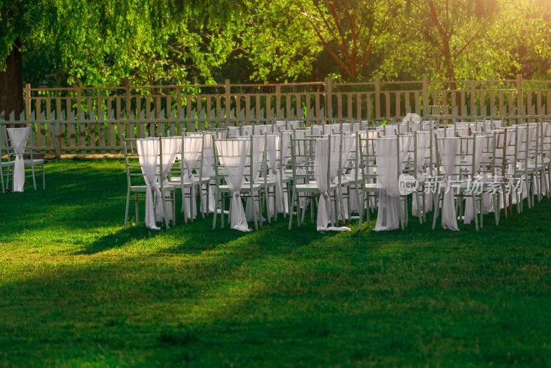 西式婚礼清晨草坪上的白色椅子