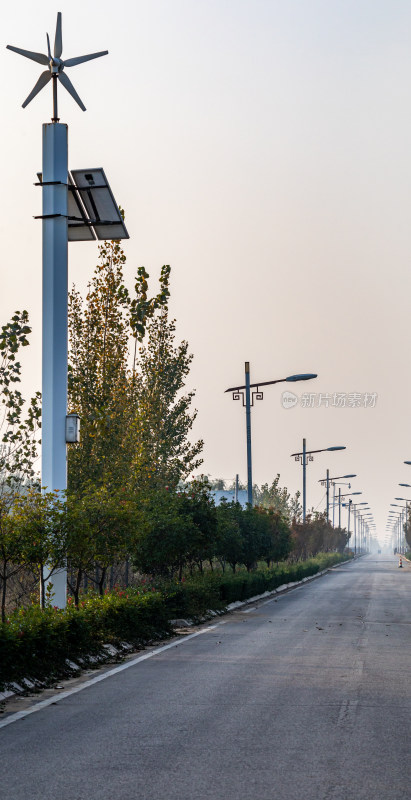 道路上整齐排列的中式路灯