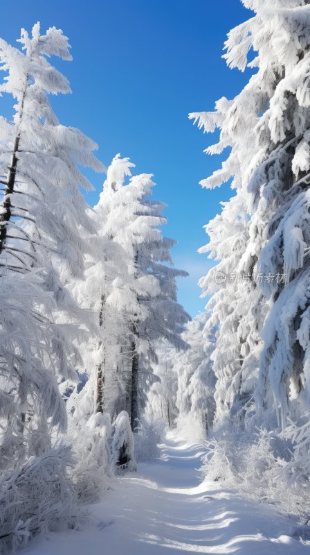 冬季雪山林中被冰雪覆盖着的树