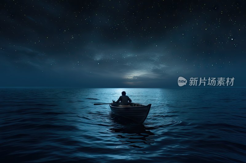 一个人在黑夜海面上孤独的航行