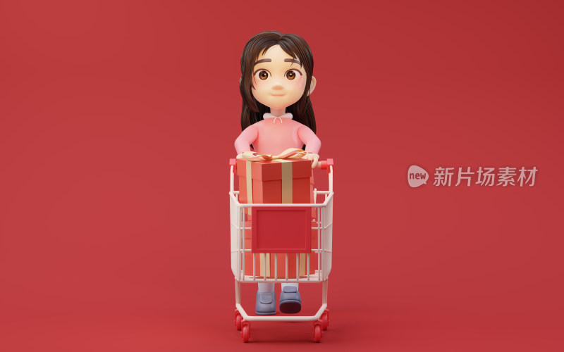 卡通女孩与购物主题3D渲染