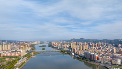 河南宜阳县城河流两岸楼房经济发展航拍