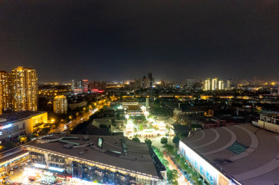 天津之眼周边夜景交通航拍图