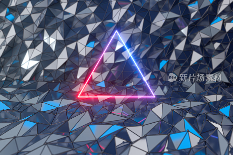三角形金属纹理与霓虹线条 3D渲染