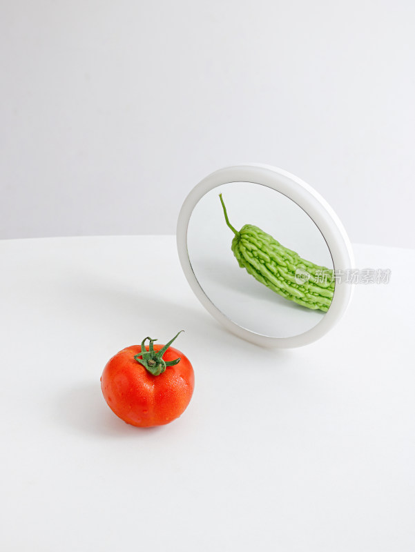 桌面上摆放着一个西红柿和镜子中的一根苦瓜