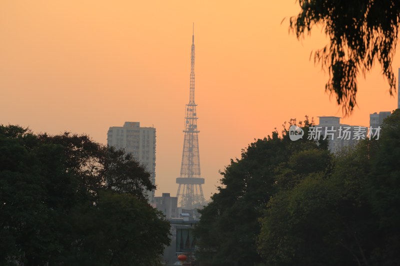 黄昏中城市电视塔远景画面