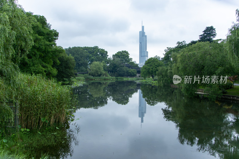 南京玄武湖公园风光，城市绿洲与摩天大楼