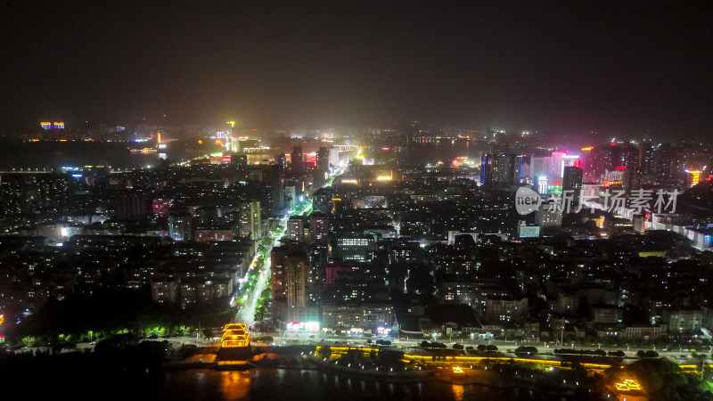 航拍湖北鄂州城市大景夜景交通