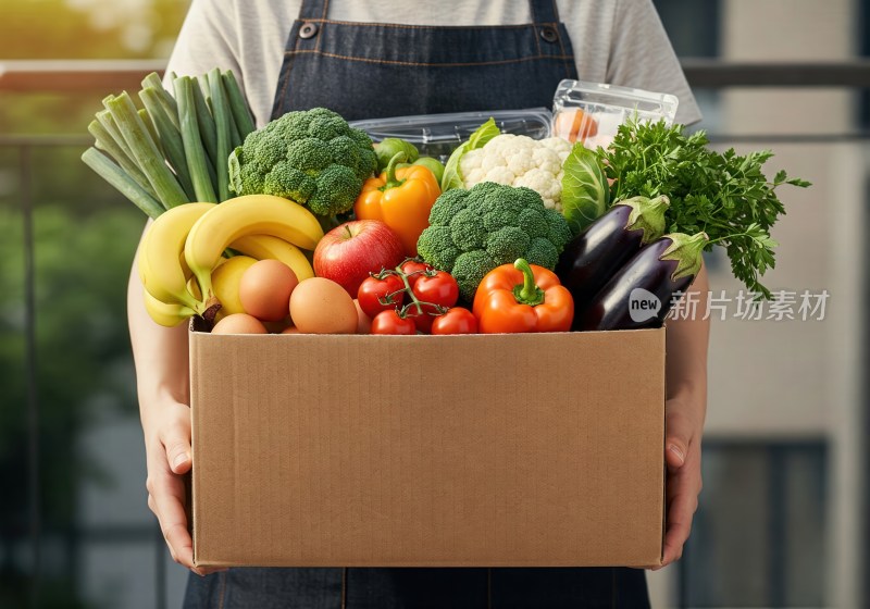 手持装满蔬果鸡蛋的纸箱
