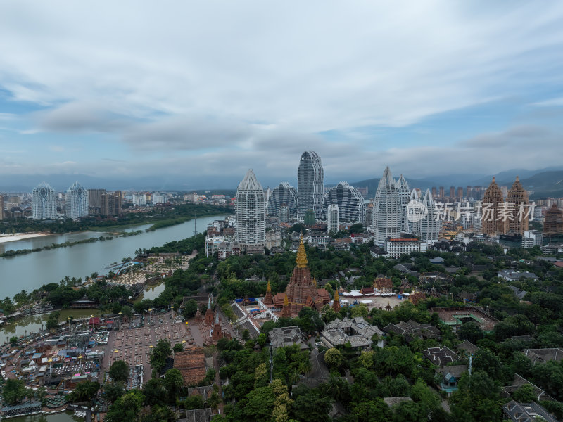 云南西双版纳傣族星光夜市建筑群高空航拍