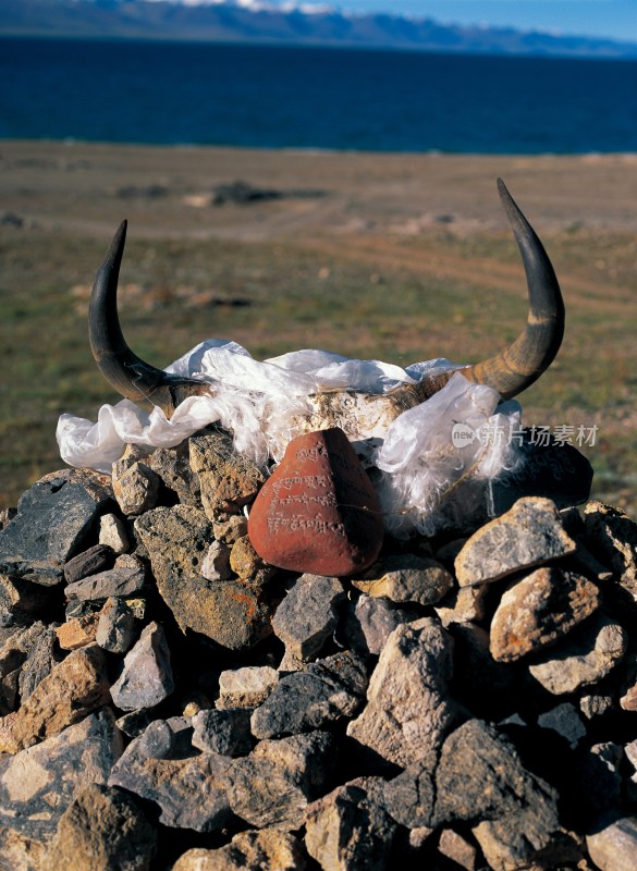西藏纳木错湖畔玛尼堆上的牦牛角
