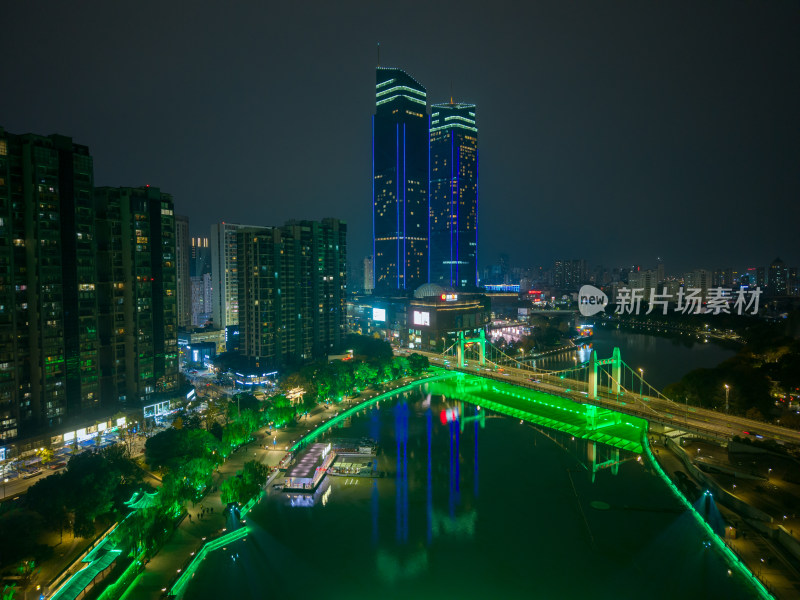 浙江湖州城市夜景航拍