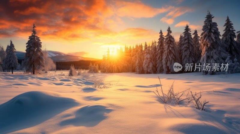 美妙的冬季景观，夕阳下的冬日森林