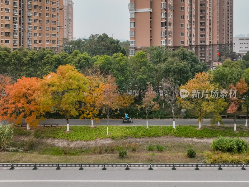 航拍昆山道路上的秋冬景色