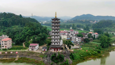 航拍湖南邵阳文昌塔地标建筑