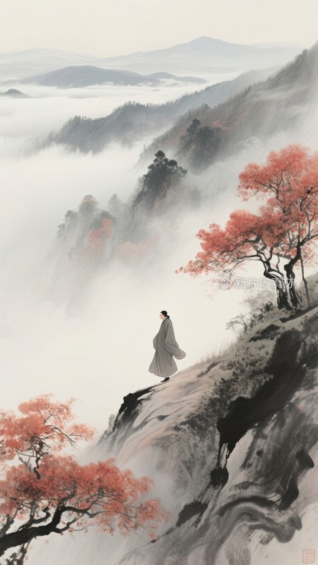 古装诗人人物立于云海间