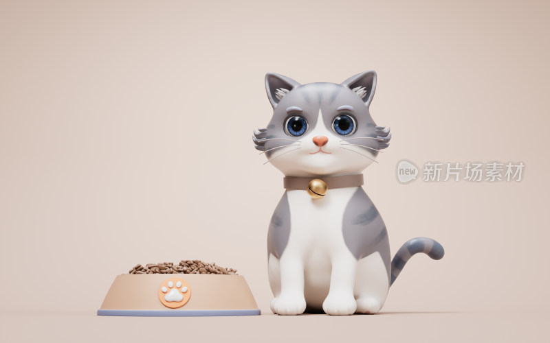 卡通猫咪与猫粮3D渲染