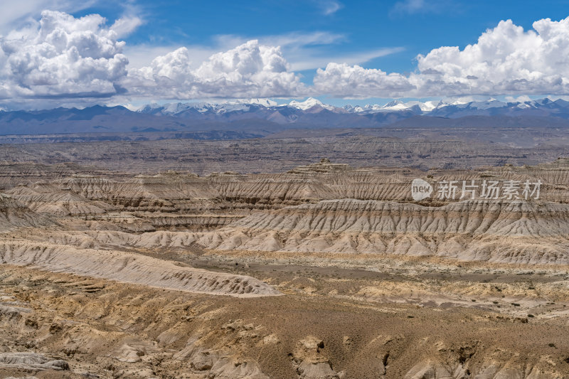 西藏阿里札达土林高原荒凉戈壁与雪山远景