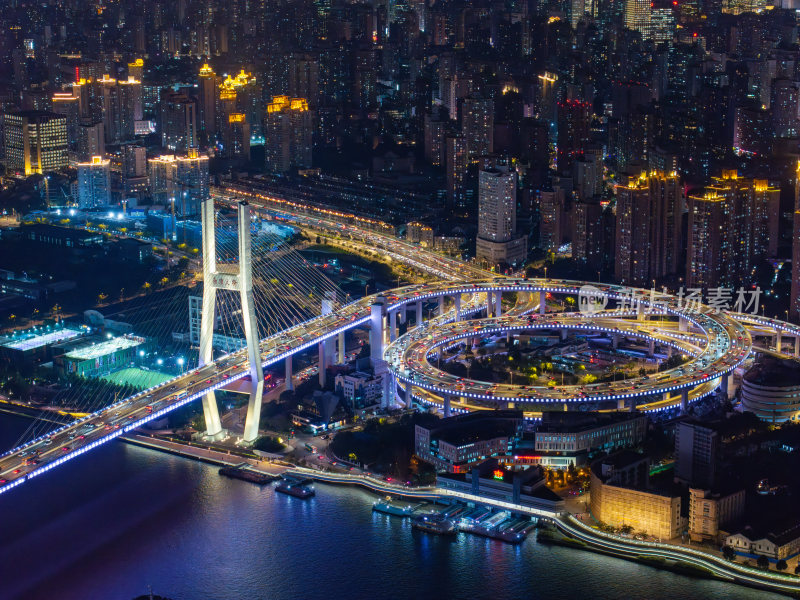 航拍上海黄浦江南浦大桥夜景