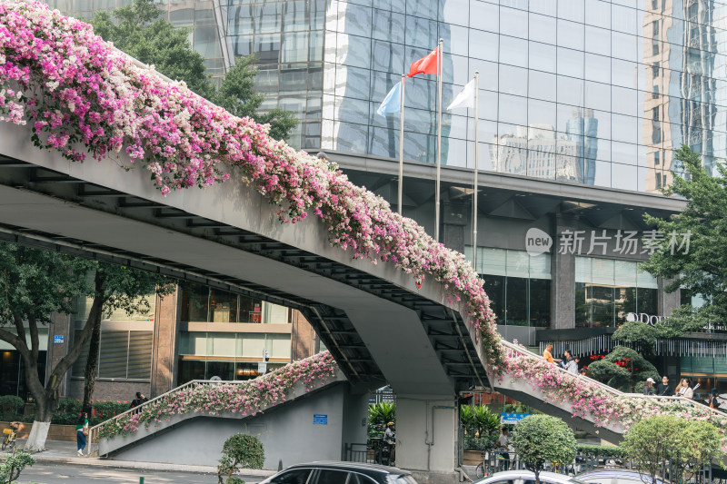 城市中鲜花覆盖的天桥景观