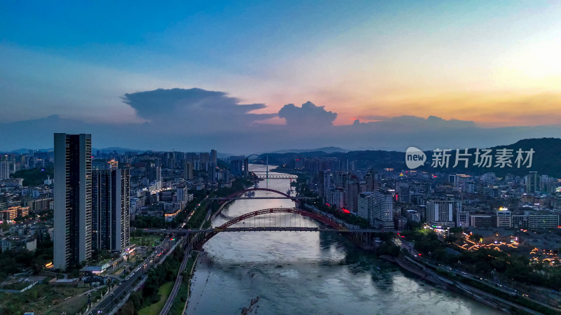 四川宜宾城市晚霞夕阳航拍图