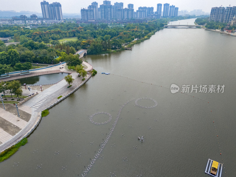 眉山远景楼河流周边风景航拍图