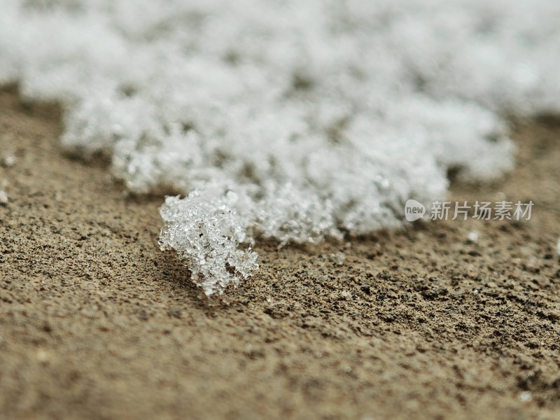 地面上晶莹剔透的雪花微距特写